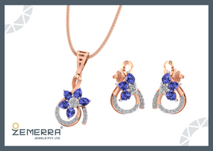 Dizzling Diamond Floral Pendant Set in14K Rose Gold Sarafa Bazar India
