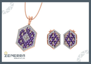 14K Gold Diamond Amethyst Hexagon Geometric Pendant Set Sarafa Bazar India