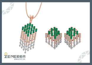 14K Gold Diamond Art Deco Emerald Stone Pendant Set for Women Sarafa Bazar India