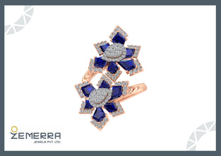 14K Gold Diamond Blue Sapphire Floral Ring For Her Sarafa Bazar India