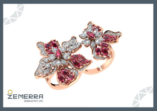 14K Gold Diamond Floral Double Finger Ring New Design Sarafa Bazar India