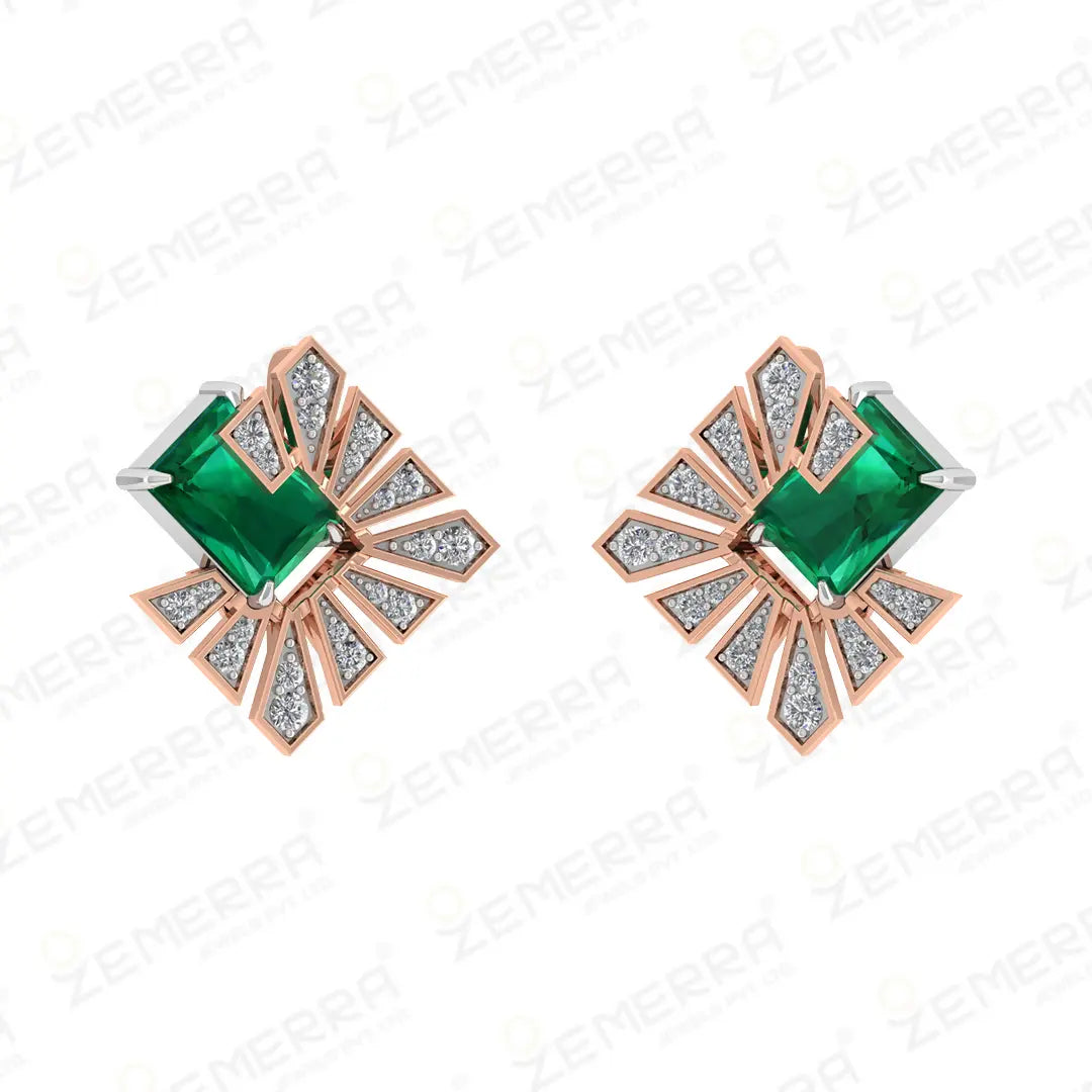 14K Gold Diamond Stud Earrings With Green Stone Sarafa Bazar India