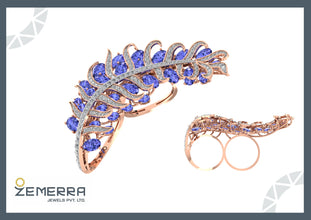 14K Gold Diamond Tanzanite Leaf Design Double Finger Ring Sarafa Bazar India