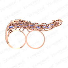 14K Gold Diamond Tanzanite Leaf Design Double Finger Ring Sarafa Bazar India