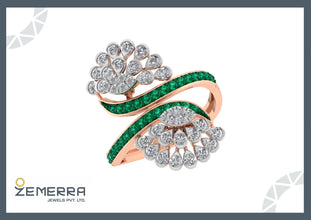 14K Gold Diamond Unique Bypass Design Green Stone Ring Sarafa Bazar India