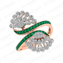 14K Gold Diamond Unique Bypass Design Green Stone Ring Sarafa Bazar India