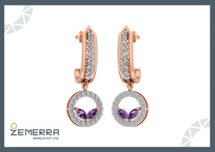 14K Rose Gold Amethyst and Diamond Drop Hoop Earrings Sarafa Bazar India