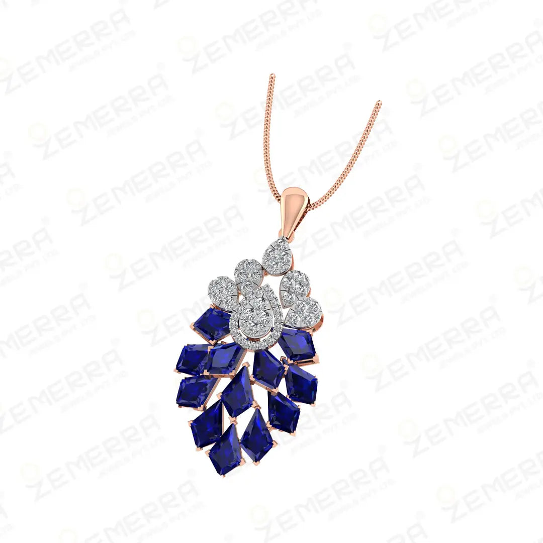 14K Rose Gold Blue Kite Stone Diamond Pendant Set For Women Sarafa Bazar India