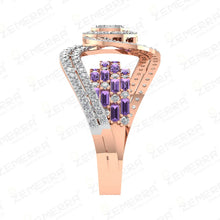 14K Rose Gold Diamond Amethyst Stone Halo Twisted Band Ring Sarafa Bazar India