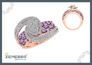 14K Rose Gold Diamond Amethyst Stone Halo Twisted Band Ring Sarafa Bazar India