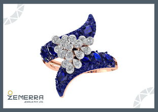 14K Rose Gold Diamond Blue Sapphire Stone Bypass Engagement Ring Sarafa Bazar India