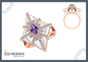 14K Rose Gold Diamond Floral Dome Shape Amethyst Ring Sarafa Bazar India