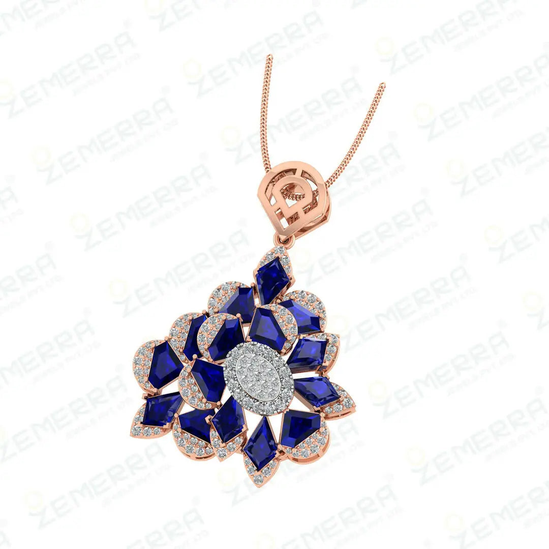 14K Rose Gold Diamond Pendent Set With Blue Stone Sarafa Bazar India