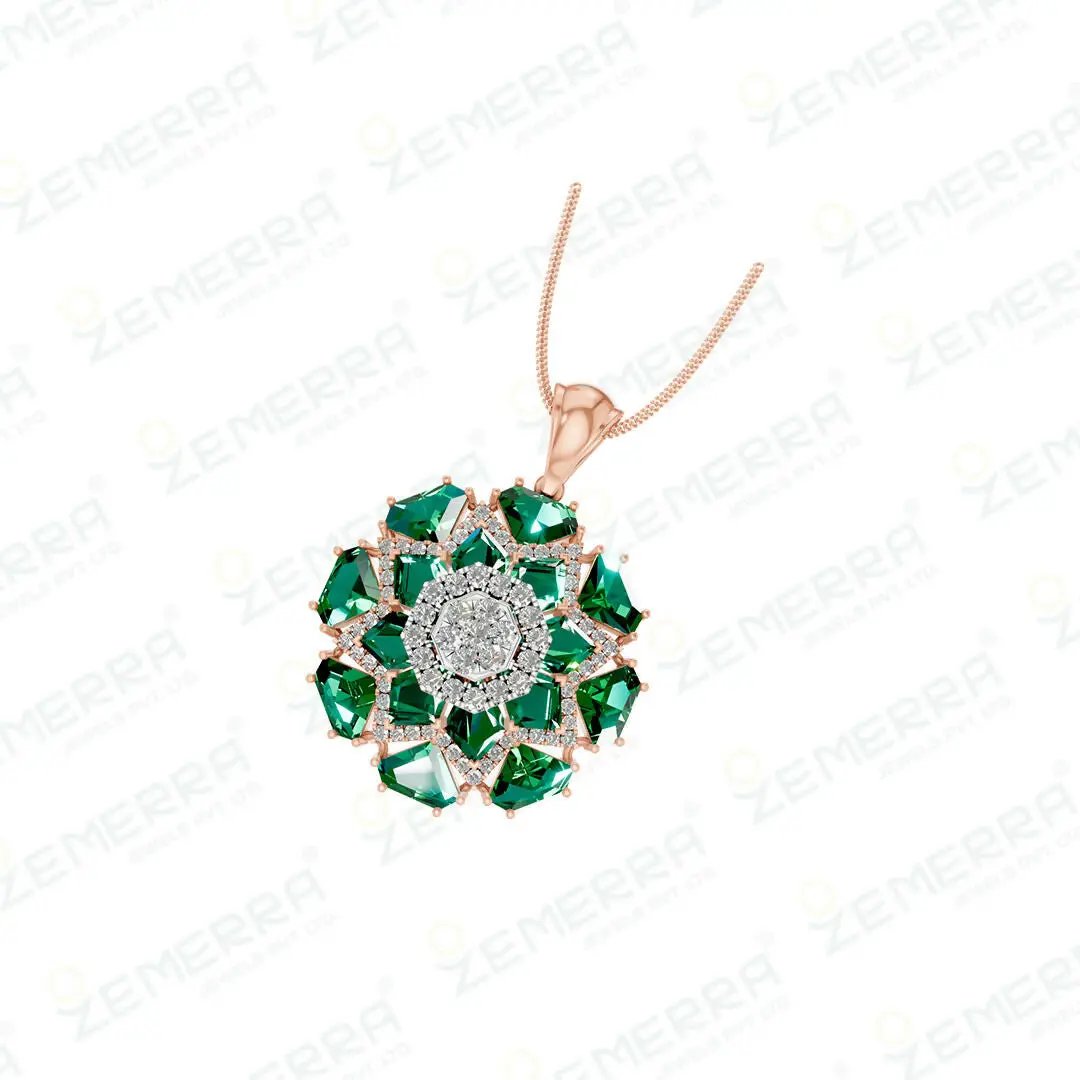 14K Rose Gold Diamond Pendent Set With Green Stone Sarafa Bazar India