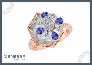 14K Rose Gold Diamond Tanzanite Floral Geometric Ring Design Sarafa Bazar India