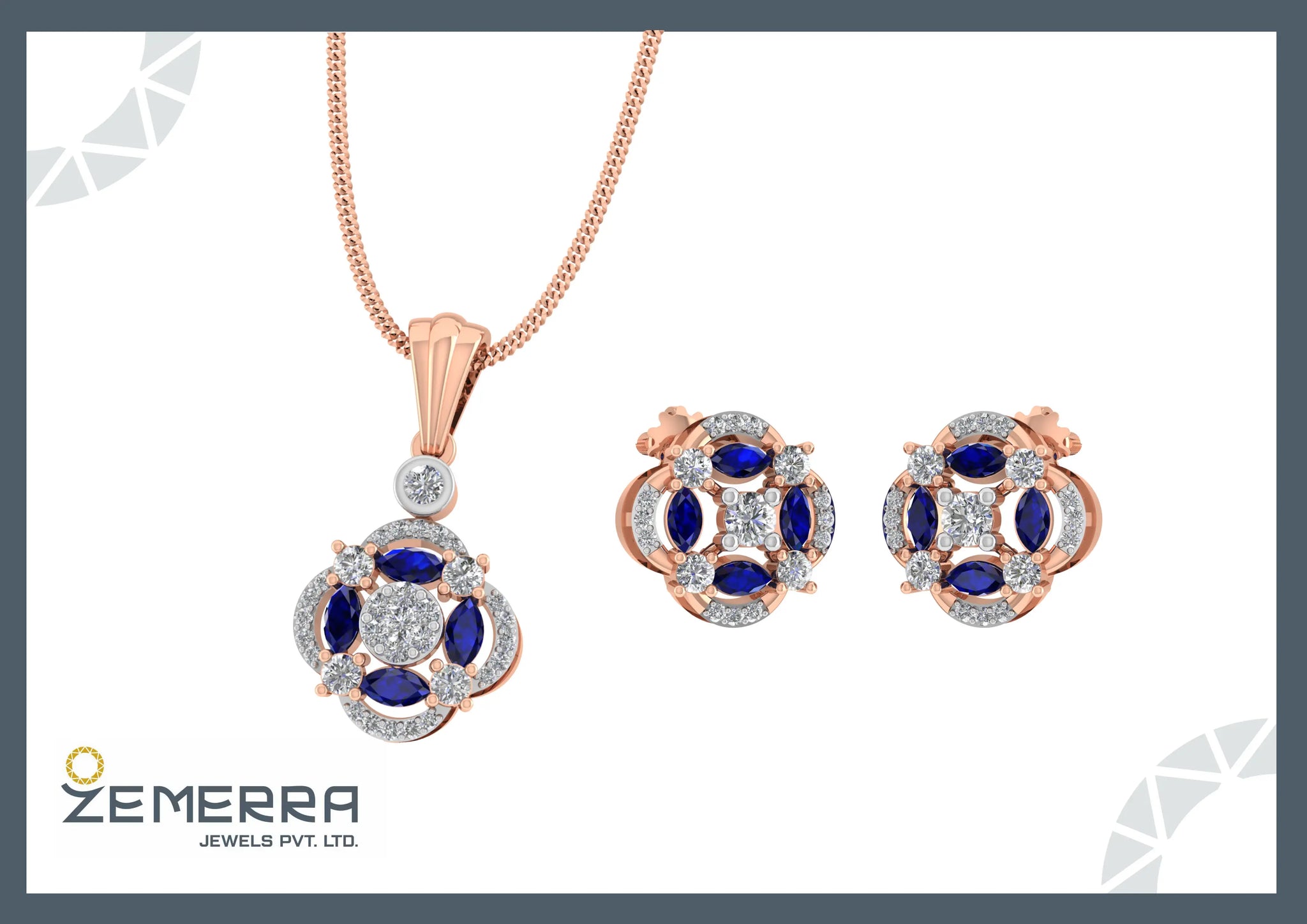 14K Rose Gold Diamond Unique Pendant Set Sarafa Bazar India