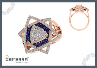 14K Rose Gold Geometric Layered Blue Stone Diamond Ring Sarafa Bazar India