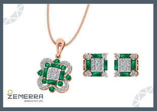 14K Rose Gold and Emerald Flower Pendant Set Sarafa Bazar India
