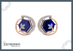 14K Rose gold diamond stud earrings with a blue Stone Sarafa Bazar India