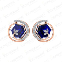 14K Rose gold diamond stud earrings with a blue Stone Sarafa Bazar India