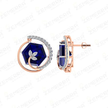 14K Rose gold diamond stud earrings with a blue Stone Sarafa Bazar India