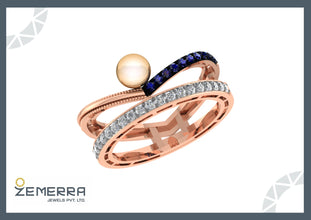14KT Rose Gold Multi-Band Diamond Ring with a Single Pearl Sarafa Bazar India