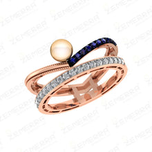 14KT Rose Gold Multi-Band Diamond Ring with a Single Pearl Sarafa Bazar India