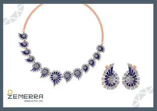 14k Real Gold & Nutural Blue Round Stone Diamond Necklace Set Sarafa Bazar India