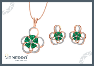 High Quality 14K Gold Diamond Green Floral Pendant Set Sarafa Bazar India