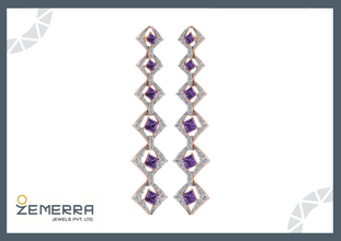 Hot Selling 14K Gold Diamond Amethyst Princess Cut Dangler Earrings