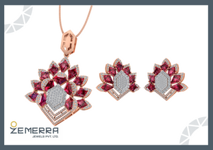 Elegant 14K Gold Diamond Ruby Kite Stone Floral Pendant Set Sarafa Bazar India