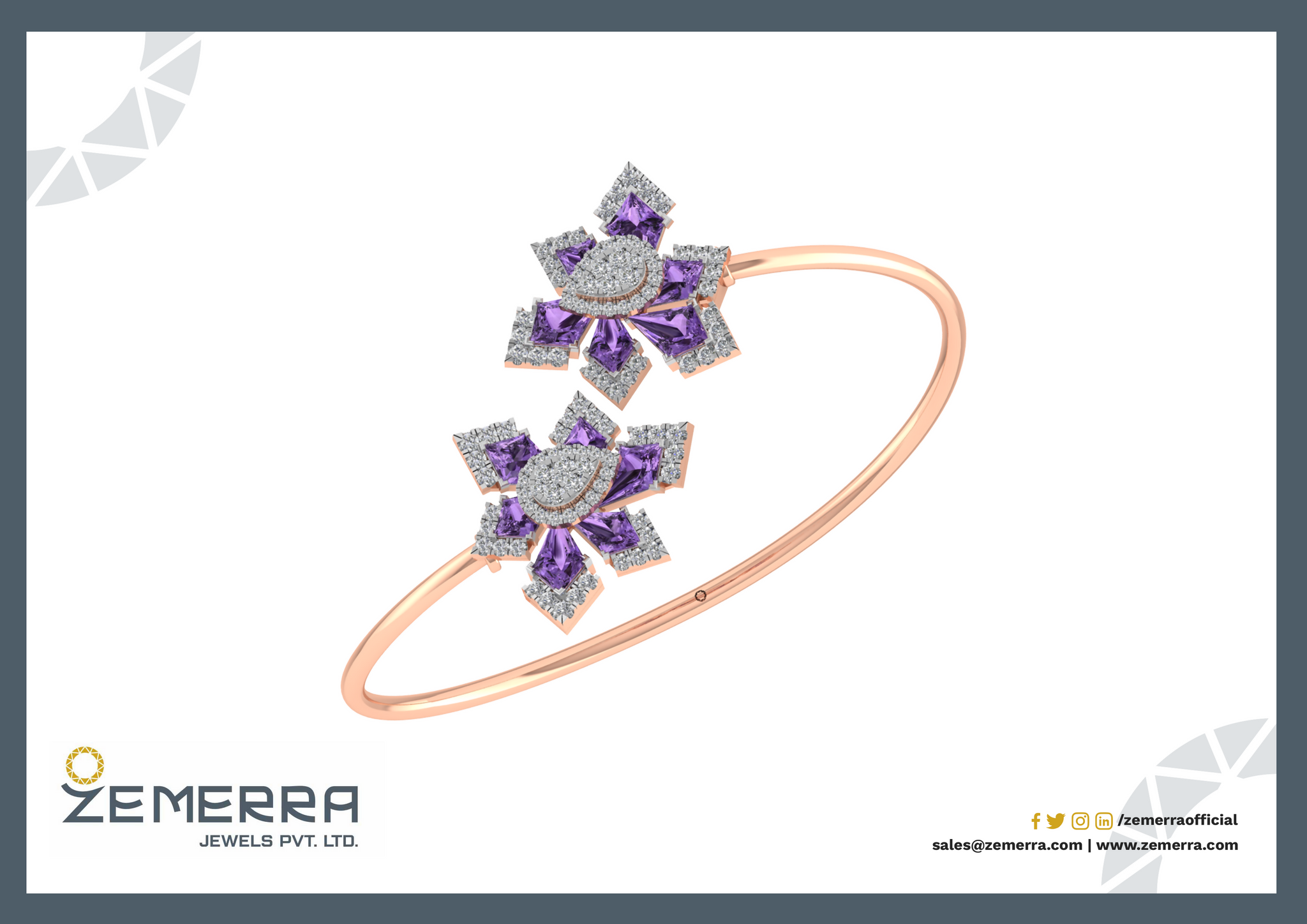 Classic 14K Rose Gold Amethyst Kite Cut Stone Diamond Bracelets Sarafa Bazar India