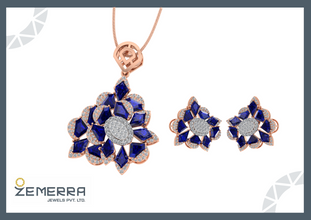 14K Rose Gold Diamond Pendent Set With Blue Stone Sarafa Bazar India