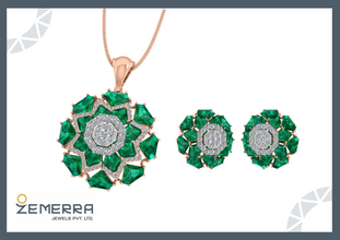 14K Rose Gold Diamond Pendent Set With Green Stone Sarafa Bazar India