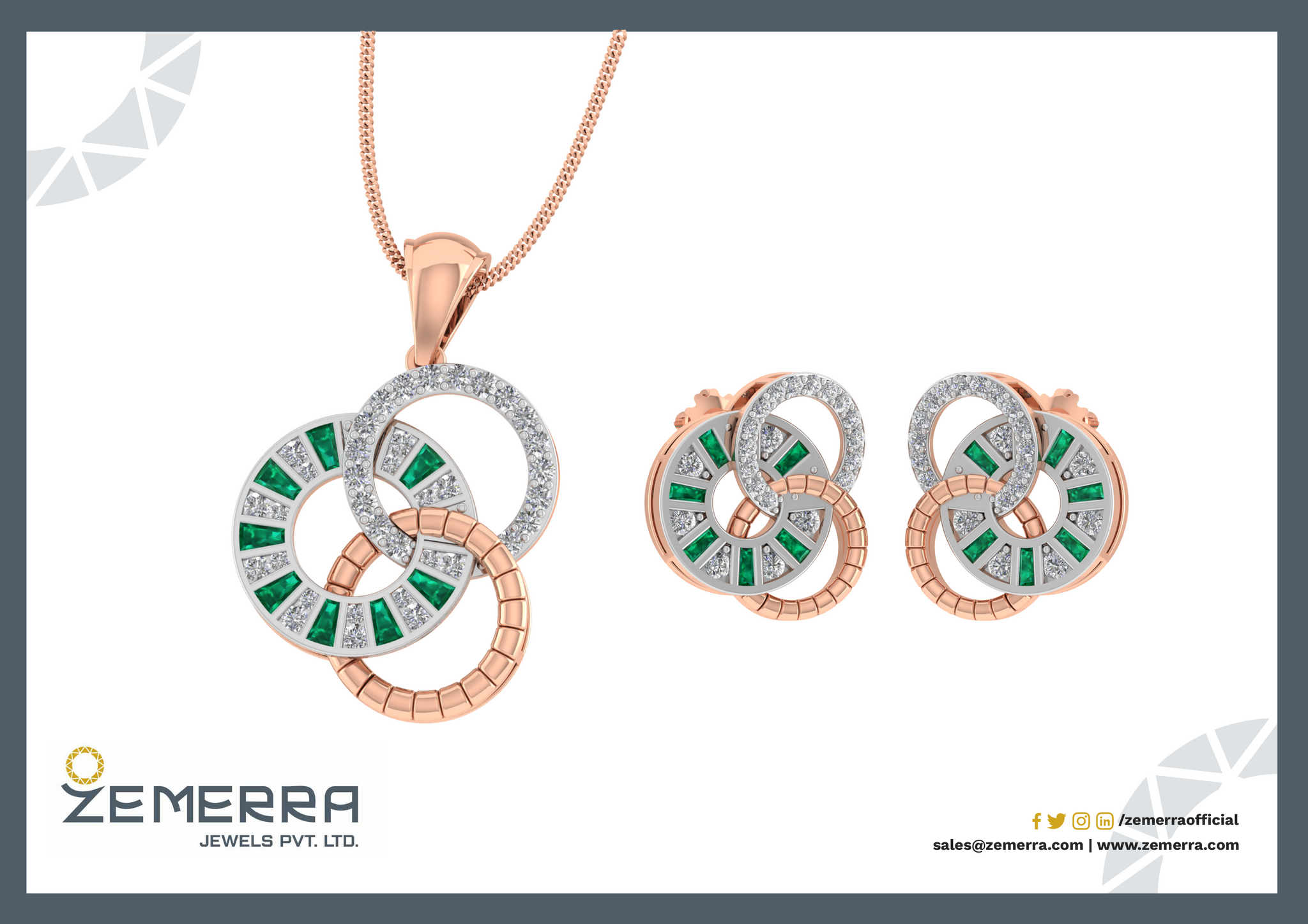 14K Rose Gold Diamond & Green Stone Circle Pendant Sarafa Bazar India