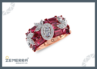 Stylish 14K Rose Gold Diamond Band Ring With Ruby Stone Sarafa Bazar India