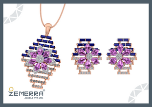 Stylish 14K Gold Diamond Floral geometric pendant Set Sarafa Bazar India