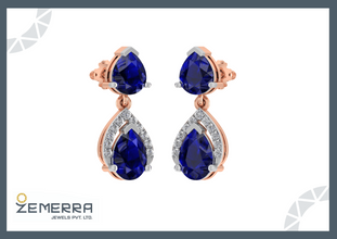 14K Rose Gold Diamond Blue Sapphire Earrings Sarafa Bazar India
