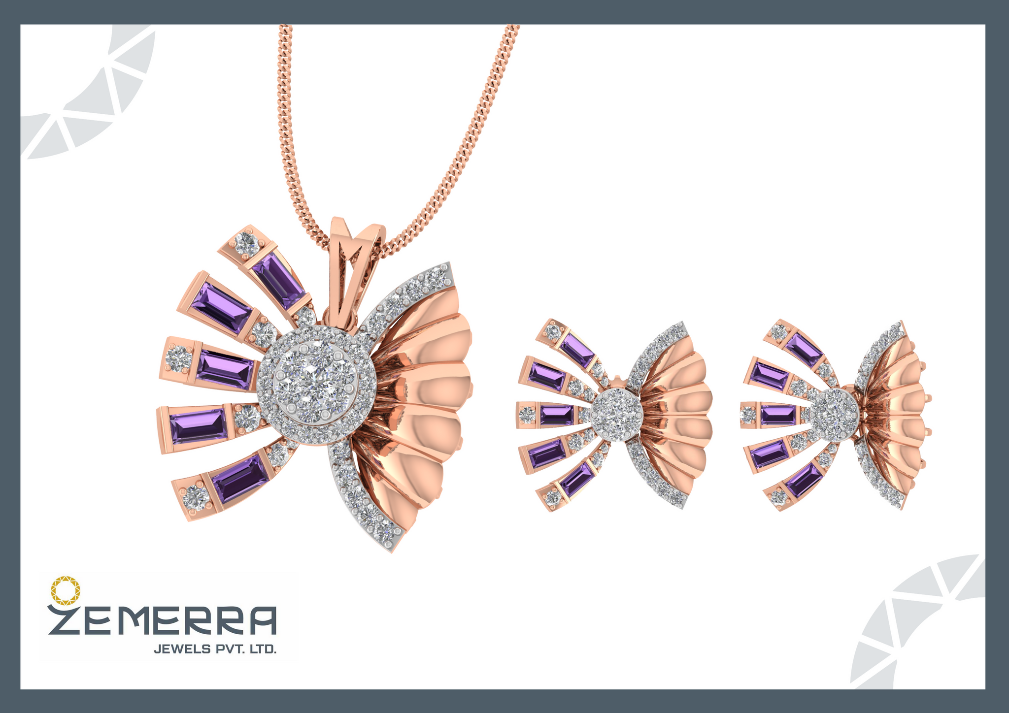 14KT Rose Gold Diamond Amethyst Pendant Necklace for Women Sarafa Bazar India