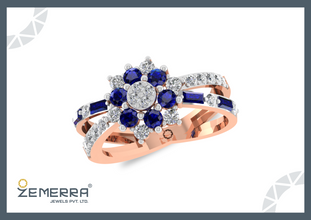 14K Rose Gold Diamond Floral Ring With Blue Saphhire Stone Sarafa Bazar India