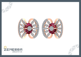 14K Rose Gold Diamond Oval Ruby Stud Earring Sarafa Bazar India