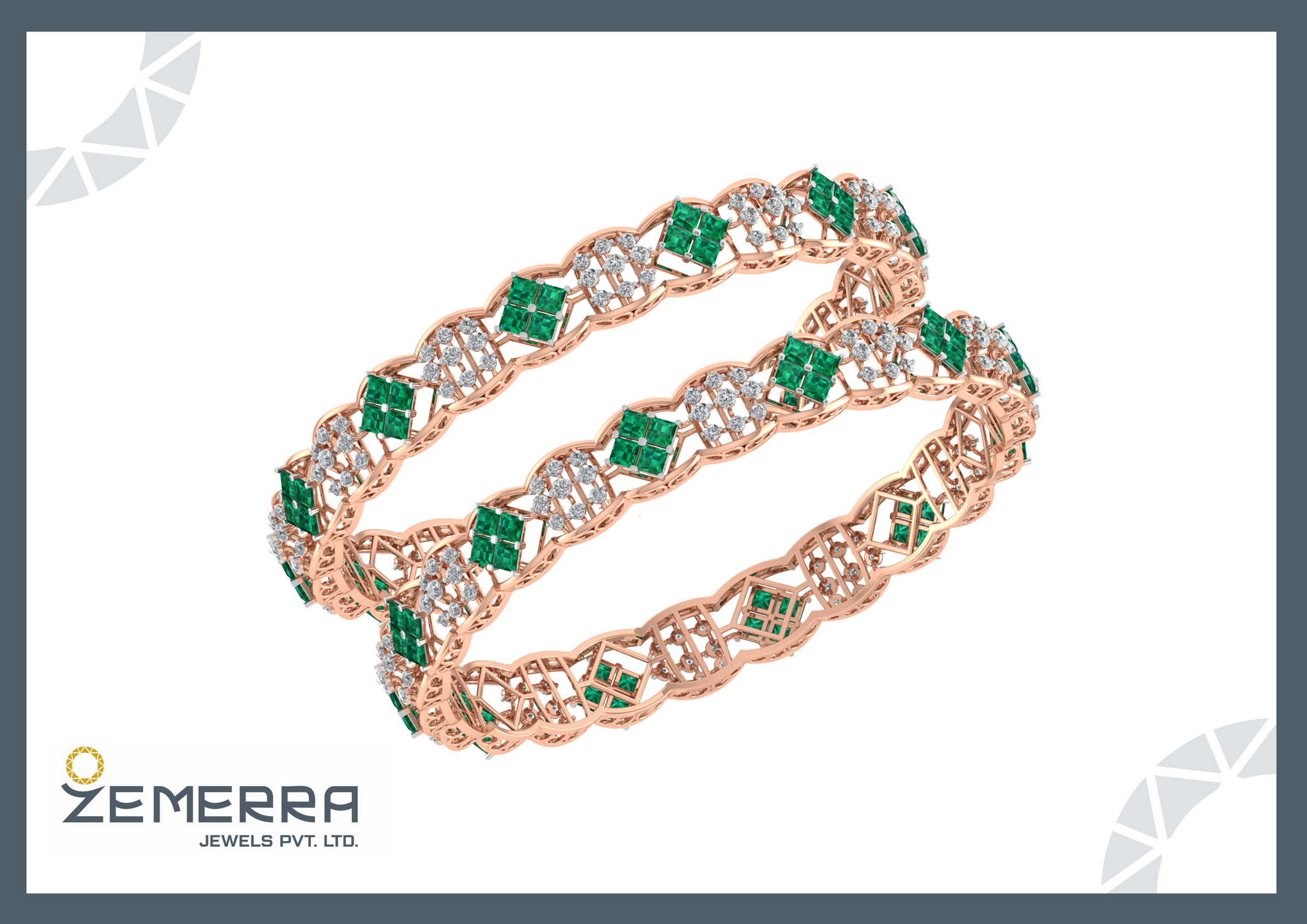Trendy 14K Rose Gold Diamond Bangles With Green Stone Sarafa Bazar India