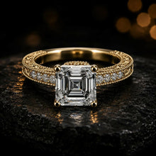 Asscher & Round Cut lab Grown Diamond Women's Ring 9KT Gold Sarafa Bazar India