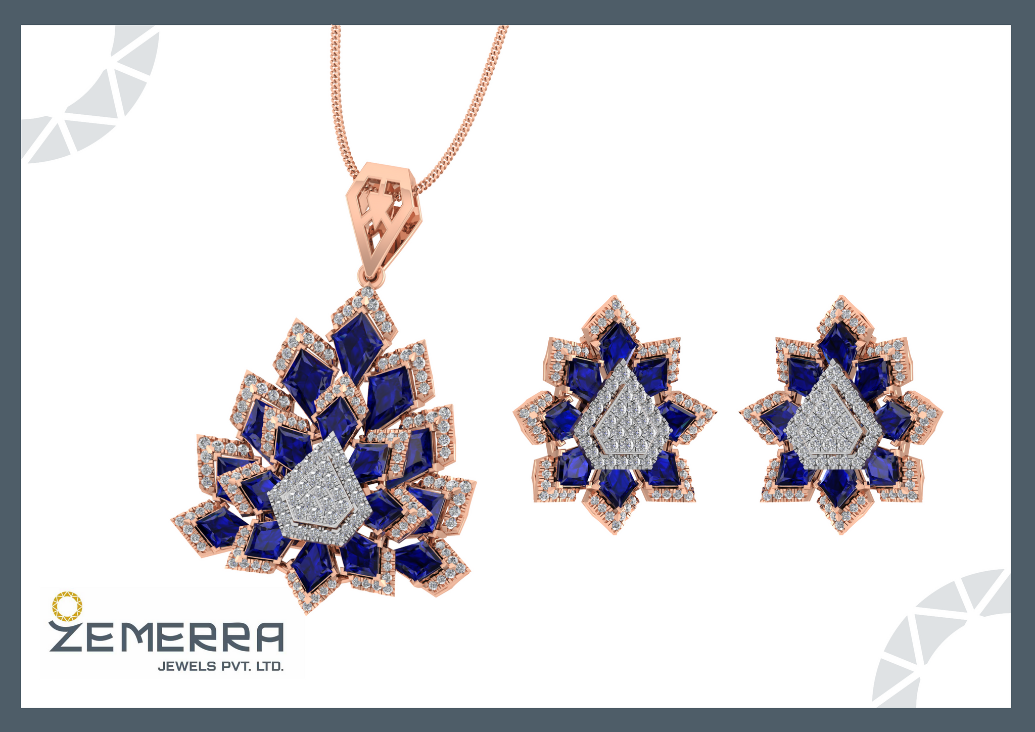 14K Rose Gold Diamond Pendant Set With Blue Stone Sarafa Bazar India