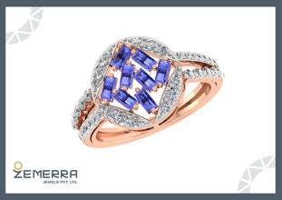 Baguette Sapphire Ring with Diamond Border in Rose Gold Sarafa Bazar India
