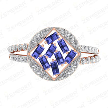 Baguette Sapphire Ring with Diamond Border in Rose Gold Sarafa Bazar India