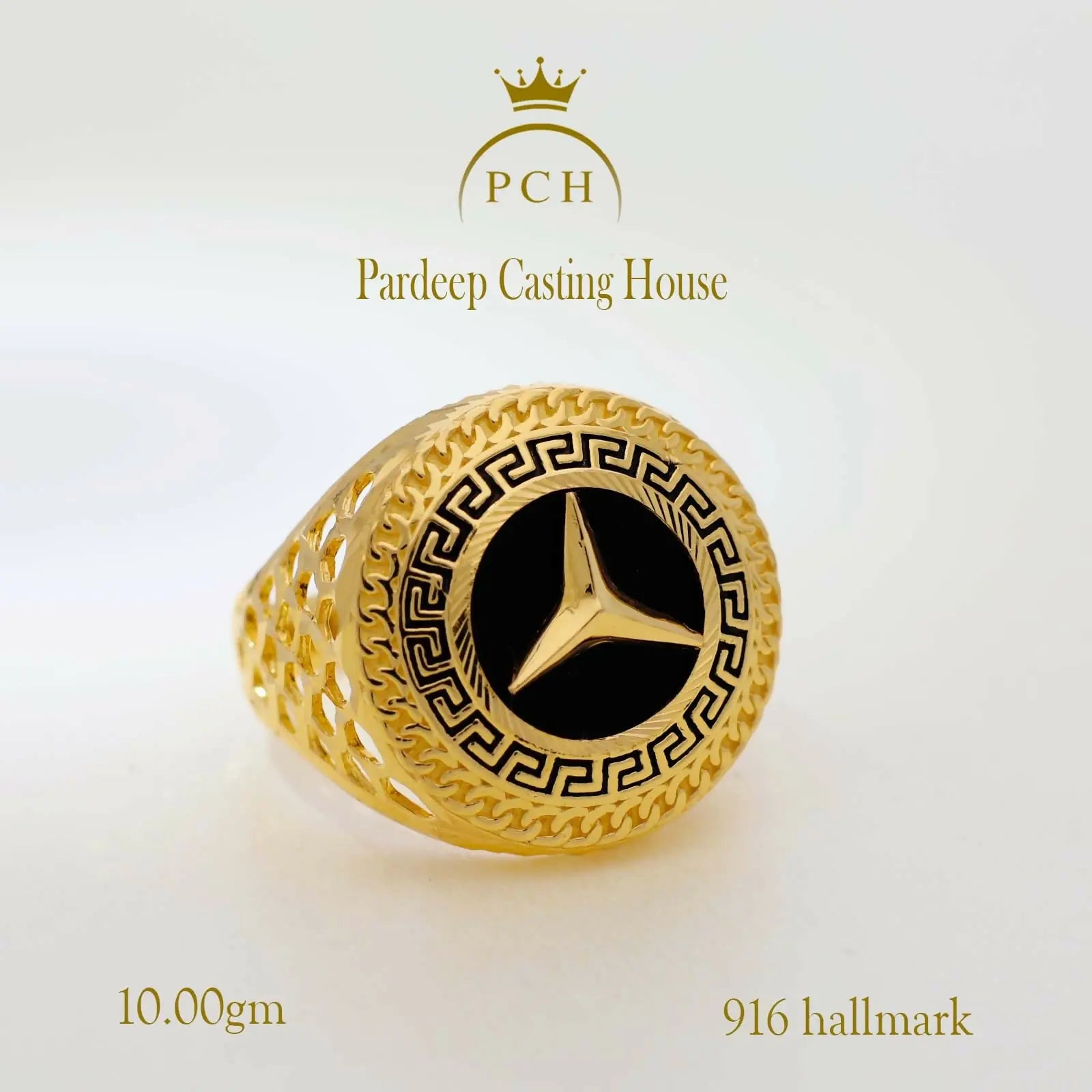 Black Plated Mercedes Logo Gold Gents Ring Sarafa Bazar India