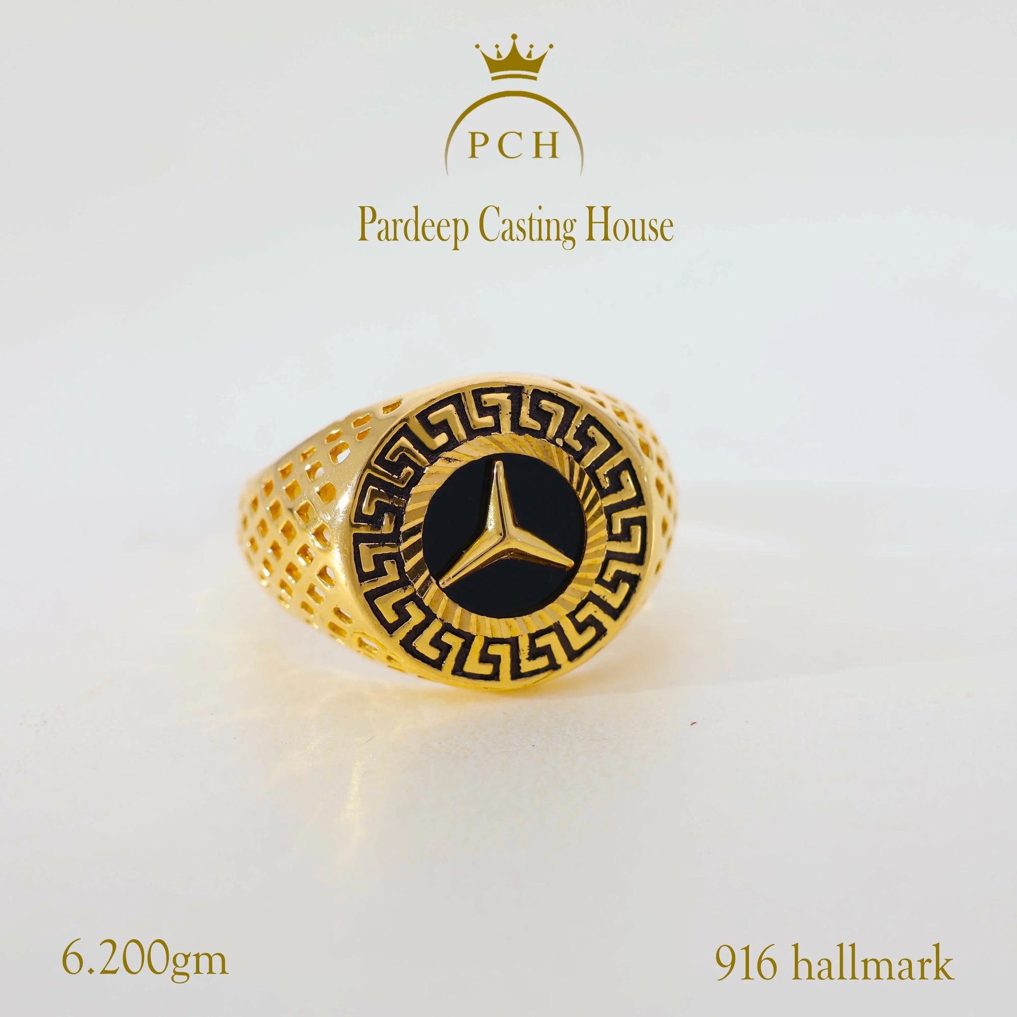 Black Plated Mercedes Logo Gold Gents Ring Sarafa Bazar India