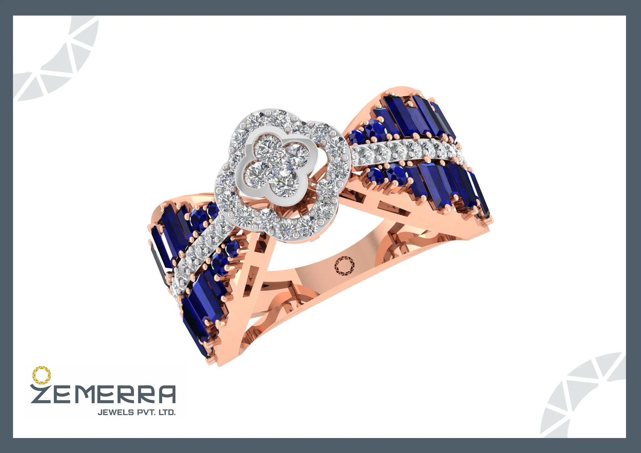 Blue Sapphire Stone With Diamond Halo Ring in 14k Rose Gold Sarafa Bazar India