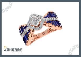 Blue Sapphire Stone With Diamond Halo Ring in 14k Rose Gold Sarafa Bazar India